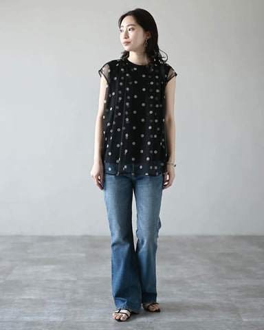 Herencia<br>ドットチュールノースリーブトップス