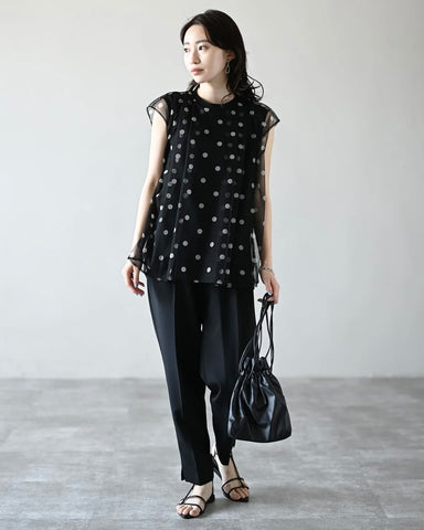 Herencia<br>ドットチュールノースリーブトップス