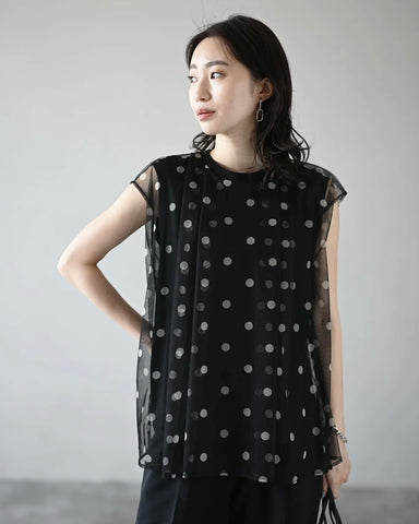 Herencia<br>ドットチュールノースリーブトップス