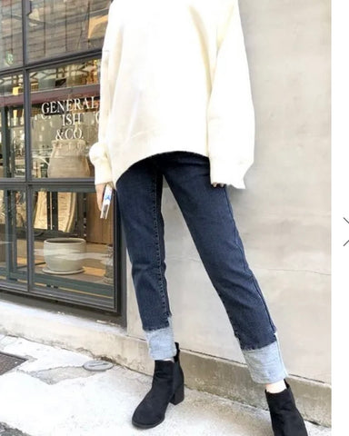 <br> ボーイフレンドデニム 折り返し風デザイン