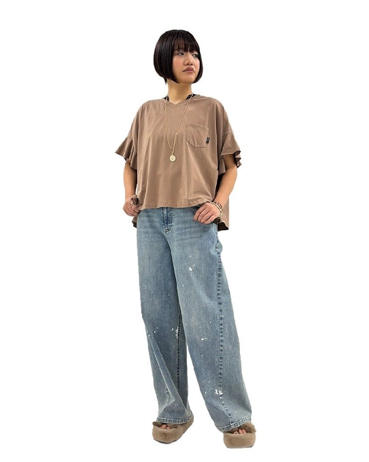 ayane予約<br>ペイント加工バレルレッグデニムパンツ