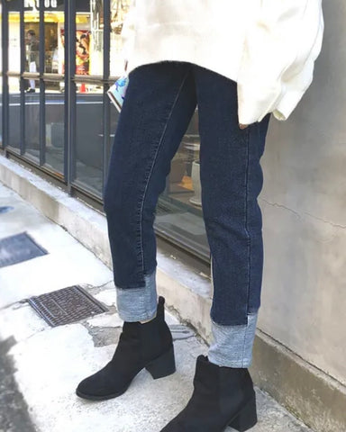 <br> ボーイフレンドデニム 折り返し風デザイン