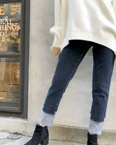 <br> ボーイフレンドデニム 折り返し風デザイン