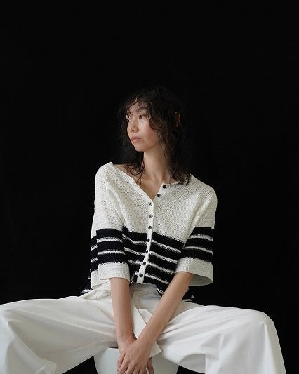 CYAN TOKYOご予約<br> 透かしボーダーハーフスリーブカーデ