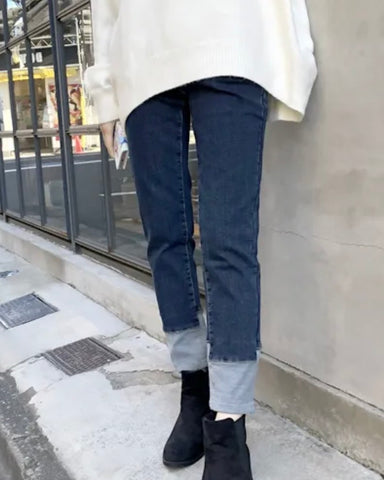 <br> ボーイフレンドデニム 折り返し風デザイン