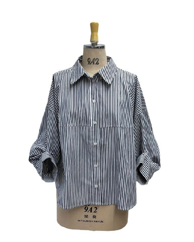 ayane予約<br> ストライプボタンタックスリーブ