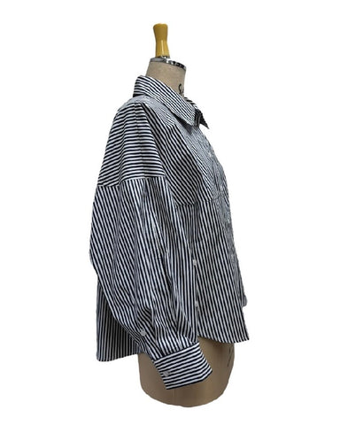 ayane予約<br> ストライプボタンタックスリーブ