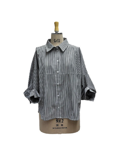 ayane予約<br> ストライプボタンタックスリーブ