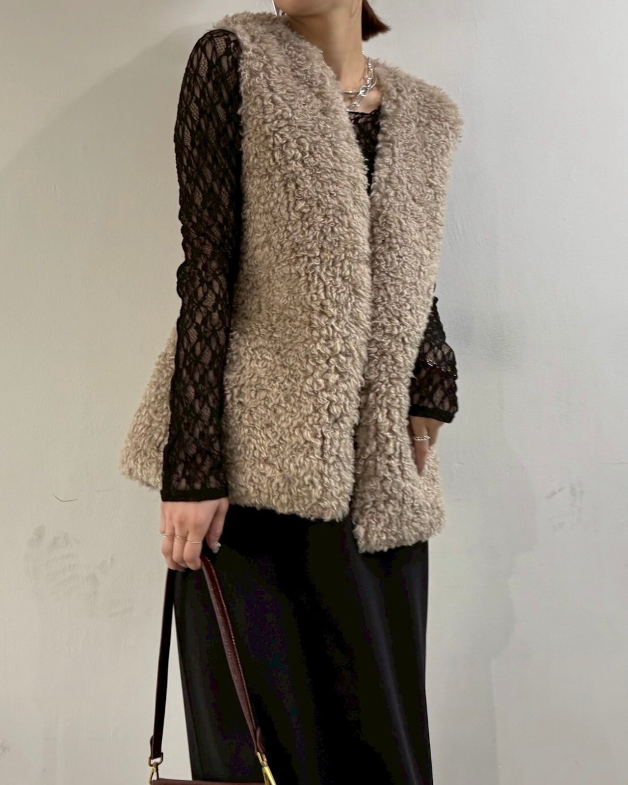 cafune<br> V neck curl fur gilet