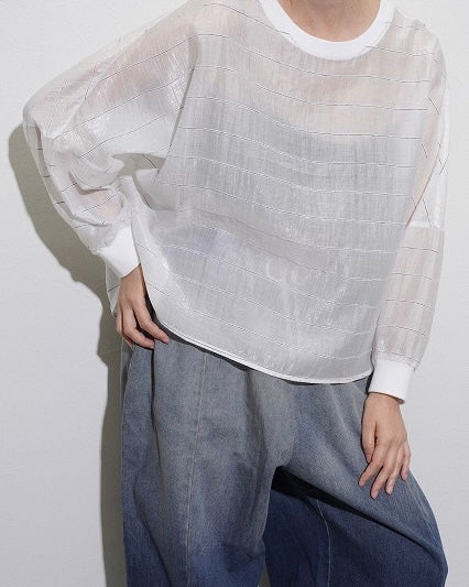 CYAN TOKYOご予約<br> グロッシーシアーボーダーブラウス