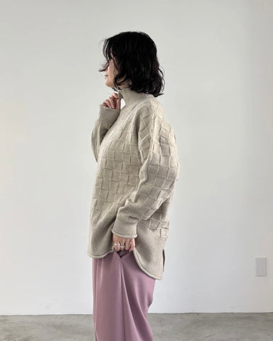 mink chair<br> ブロックパターンハイネックニット