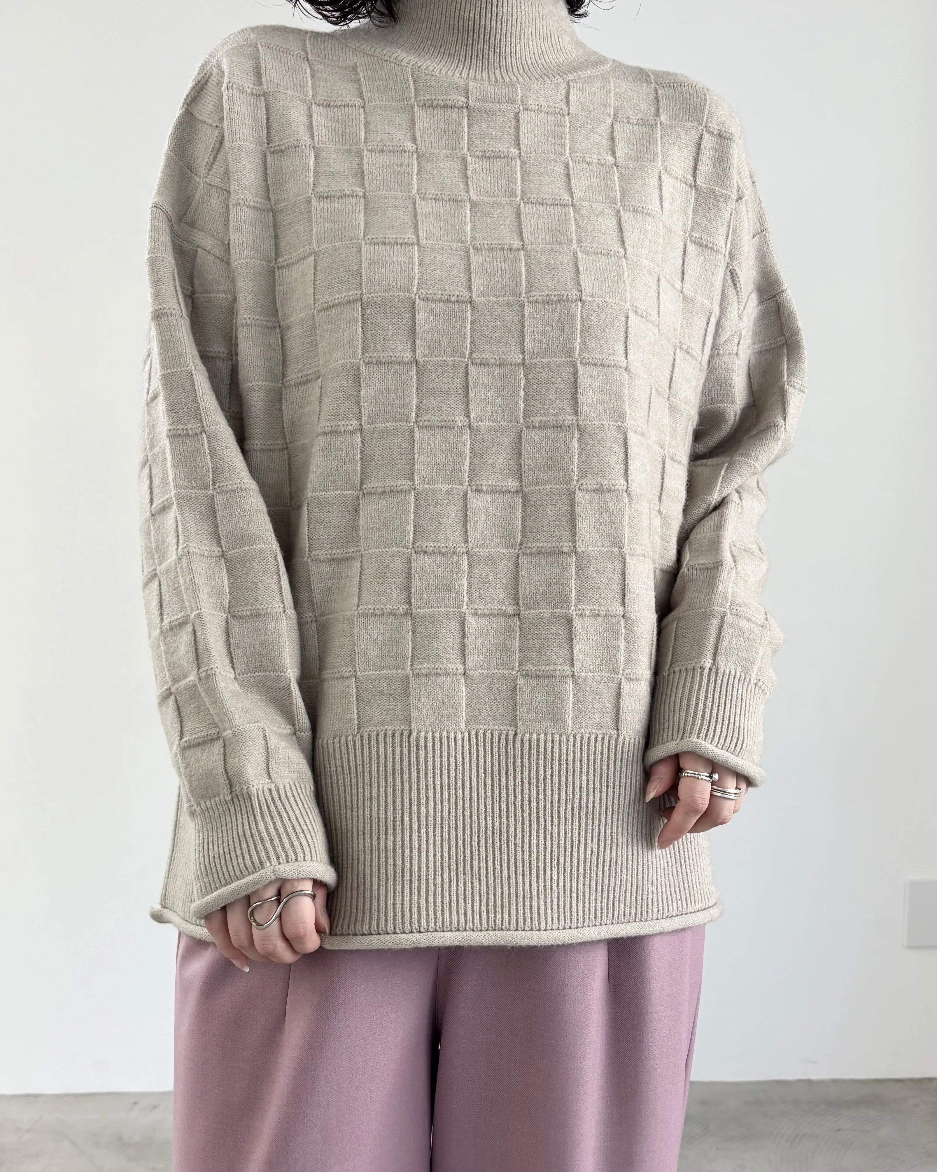 mink chair<br> ブロックパターンハイネックニット